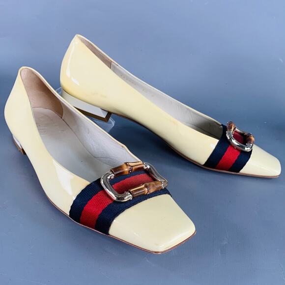 GUCCI Vintage 10 Vernice Beige Red Blue Patent Leather Web Bamboo Buckle Flats - Picture 1 of 15